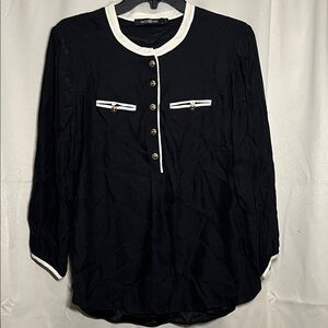 Alice & Trixie Silk Black Cream Contrast Gold Button‎ Blouse Small